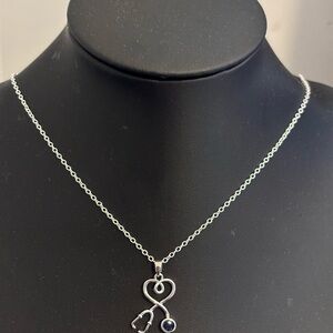 Sterling Silver Stethoscope Heart Pendant Necklace - Silver with Navy Accent